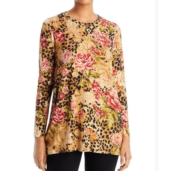 Johnny Was Tops - Johnny Was Vintage Rose Swing Top Large Leopard Floral Long Sleeve Tunic Boho